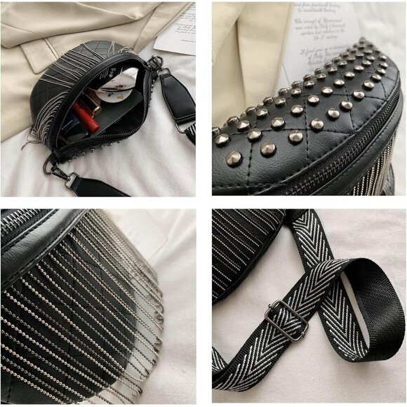 ? Glt.etl Faux leather Fringe Women Black Chest Quilted Rivet Tassel Waist Bag main image 7